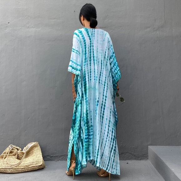 Multi Skye Blue Kimono Kaftan Dress Maxi 5⭐️Rated Soft Flowing Boho Maxi Coverup - Picture 2 of 7
